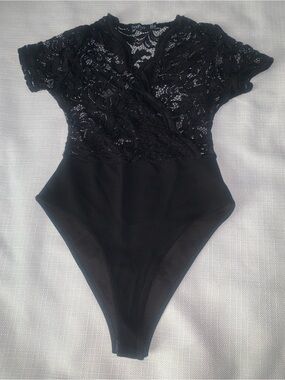 Boohoo Black Lace Bodysuit with Sheer Details